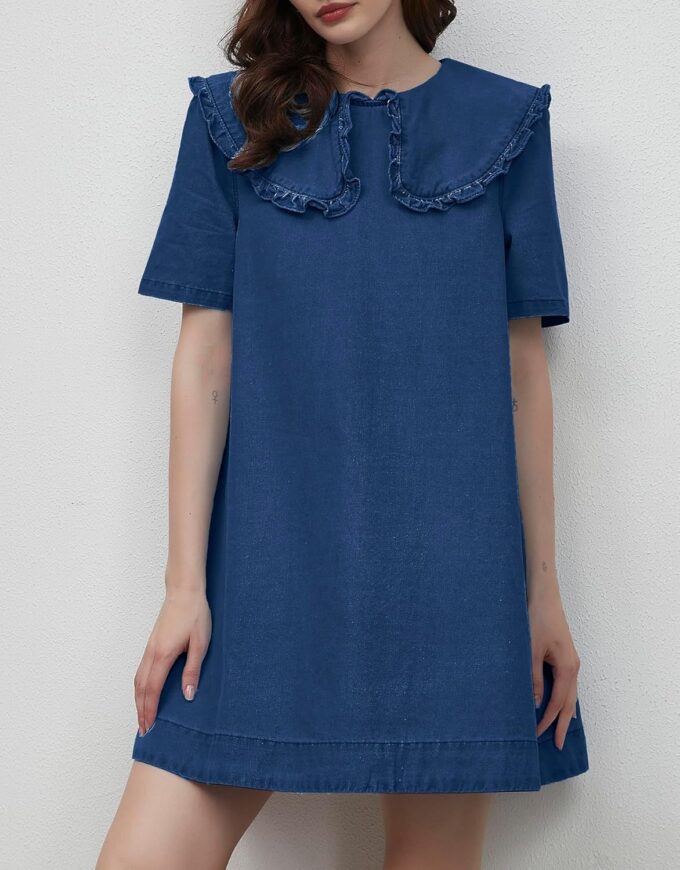 Kedera Womens Denim Mini Dress 2025 Peter Pan Collar Short Sleeve Casual Summer Babydoll Jean Dress with Pockets – Bild 4