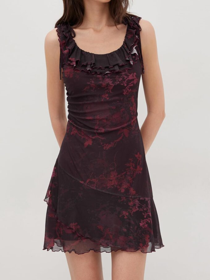 CIDER Mini Floral Print Ruffle Knot Sleeveless Short Dress Scoop Neckline Party Vacation Dresses – Bild 5