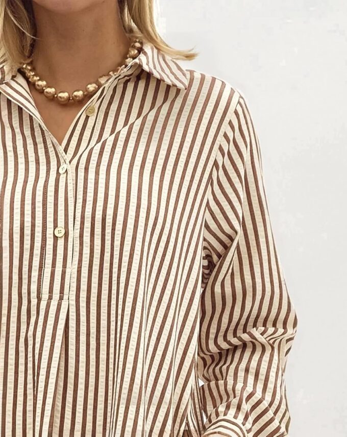 Womens Striped Shirt Mini Dress Long Sleeve Collared Ruffle Hem Button Up Tunic Flowy Swing Dresses – Bild 5