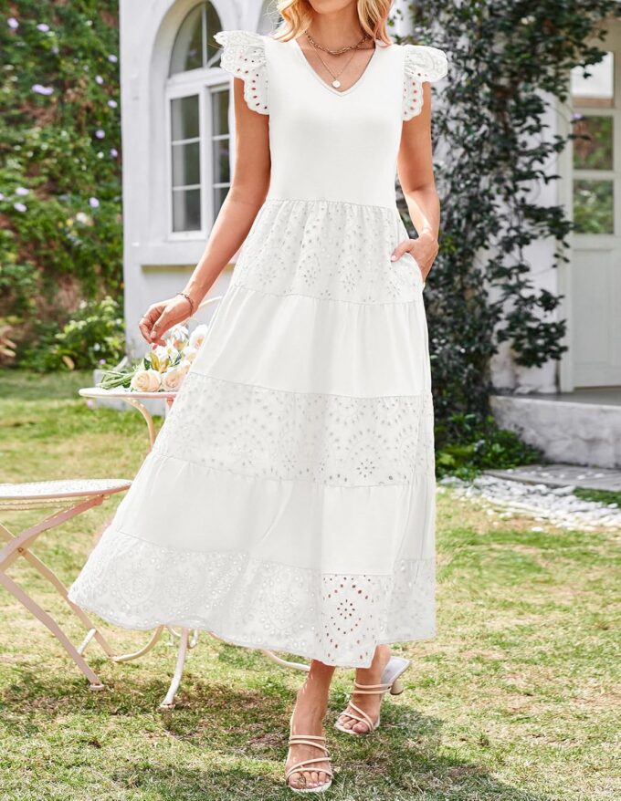 GRACE KARIN Women Summer Maxi Dresses Casual V Neck Ruffle Sleeve Lace Eyelet Tiered A Line Flowy Sundress with Pockets – Bild 6