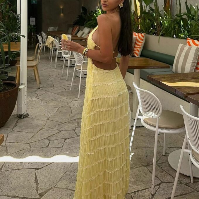 Women Halter Ruched Maxi Dress Backless Sleeveless Long Dress Bodycon See Througn Pleated Sundress Beachwear – Bild 6