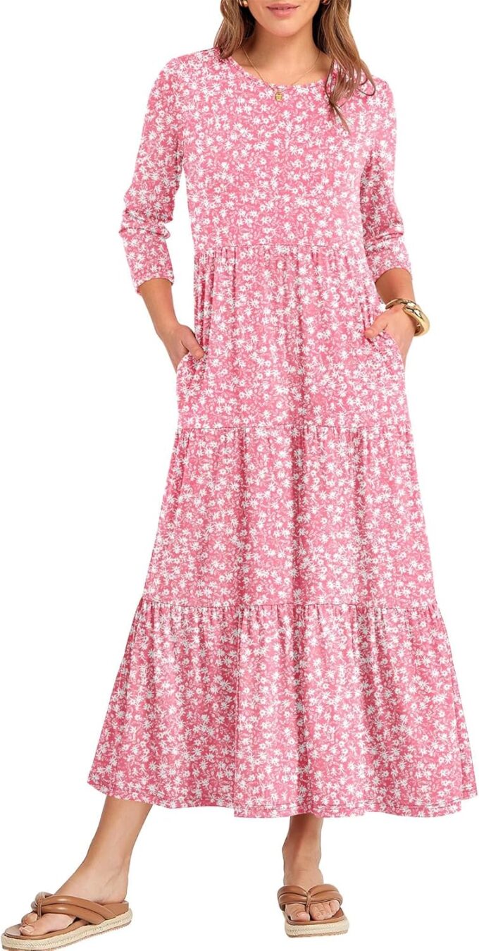 Prinbara Women's 3/4 Sleeve Casual Maxi Floral Dresses 2025 Fall Crewneck A-line Tiered Flowy Summer Boho T Shirt Long Dress