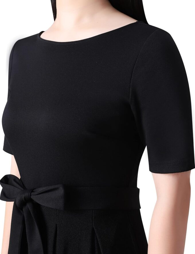 VFSHOW Womens Elegant Patchwork Pockets Pleated Work Office Business Casual Party Belted A-Line Midi Dress – Bild 3