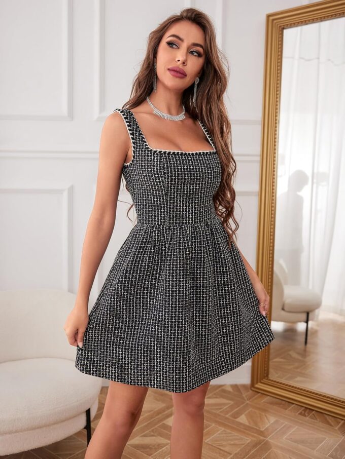 Women's Short Dress U-Neck Inslace Hem Wide Straps Tank Mini Skater Cocktail Dresses – Bild 3