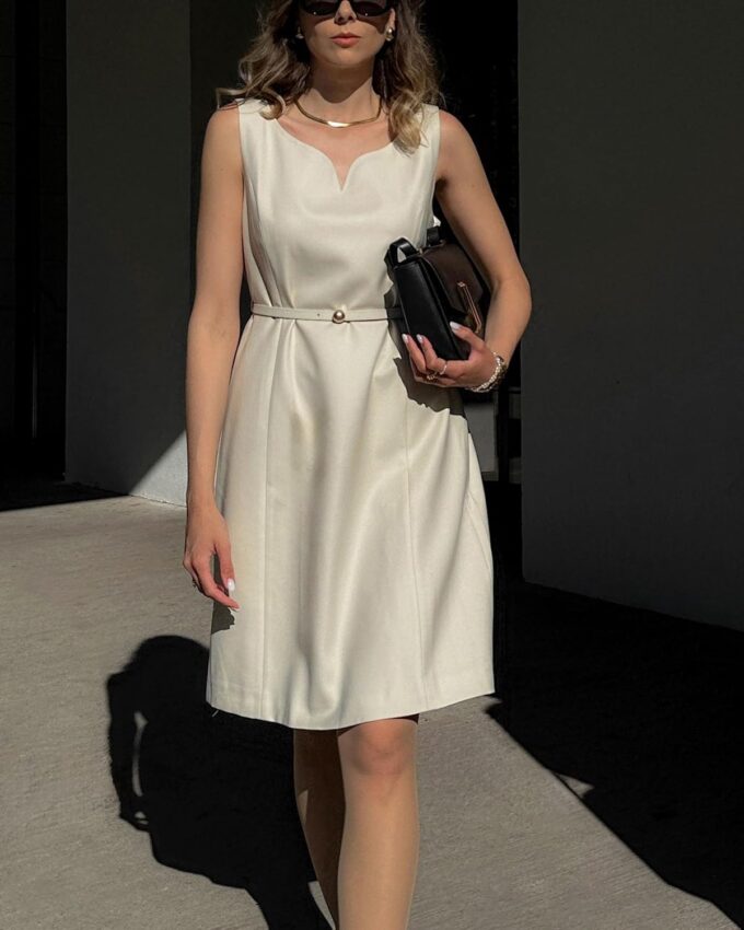 GOELIA Damen Midikleid mit Gürtel, Merinowolle, Beige, ärmellos, V-Ausschnitt, Büro, Arbeit, Party, Anzug, formelle Kleider für Frauen – Bild 2