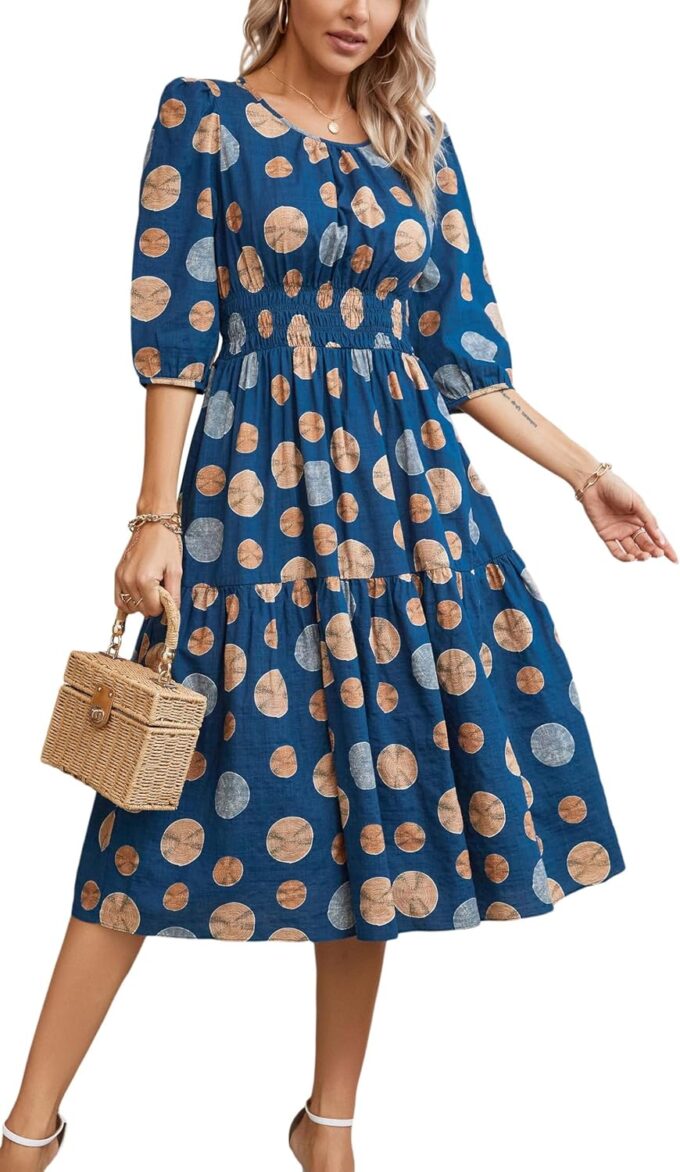Kormei Women Casual Boho Floral Round Neck 3/4 Sleeve Smocked Waist Tiered A Line Flowy Swing Midi Dress Long Dresses