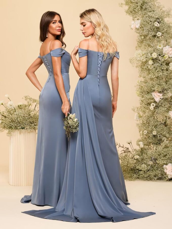 Women's Off Shoulder Ruched Bridesmaid Dresses Long with Slit Satin Formal Prom Dress VS018 – Bild 5