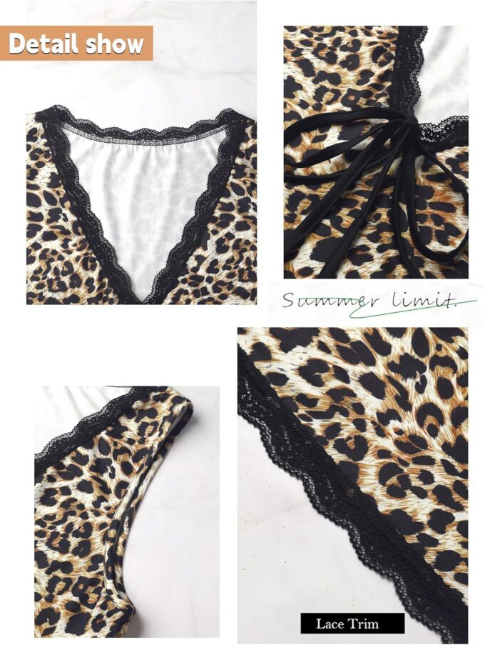 Womens Leopard Lace Trim Sexy Club Dress Bow Tie Front Sleeveless Cheetah Print V Neck Bodycon Night Out Y2K Mini Dress – Bild 6