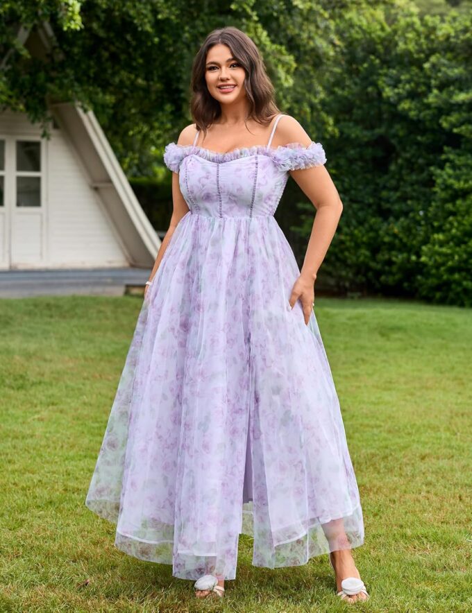 Floral Garden Dresses for Women 2025 Elegant Classy Tulle A Line Maxi Sundresses Sleeveless Smocked Off Shoulder Dress – Bild 7