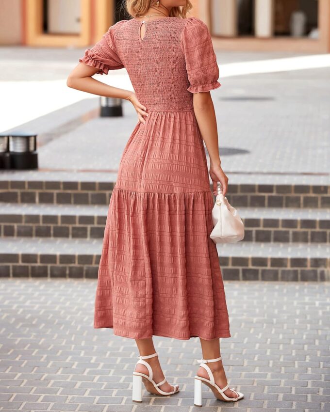 dowerme Womens Summer Dresses 2025 Casual Puff Short Sleeve Crewneck Smocked Flowy Ruffle Boho Beach Party Maxi Sundress – Bild 5