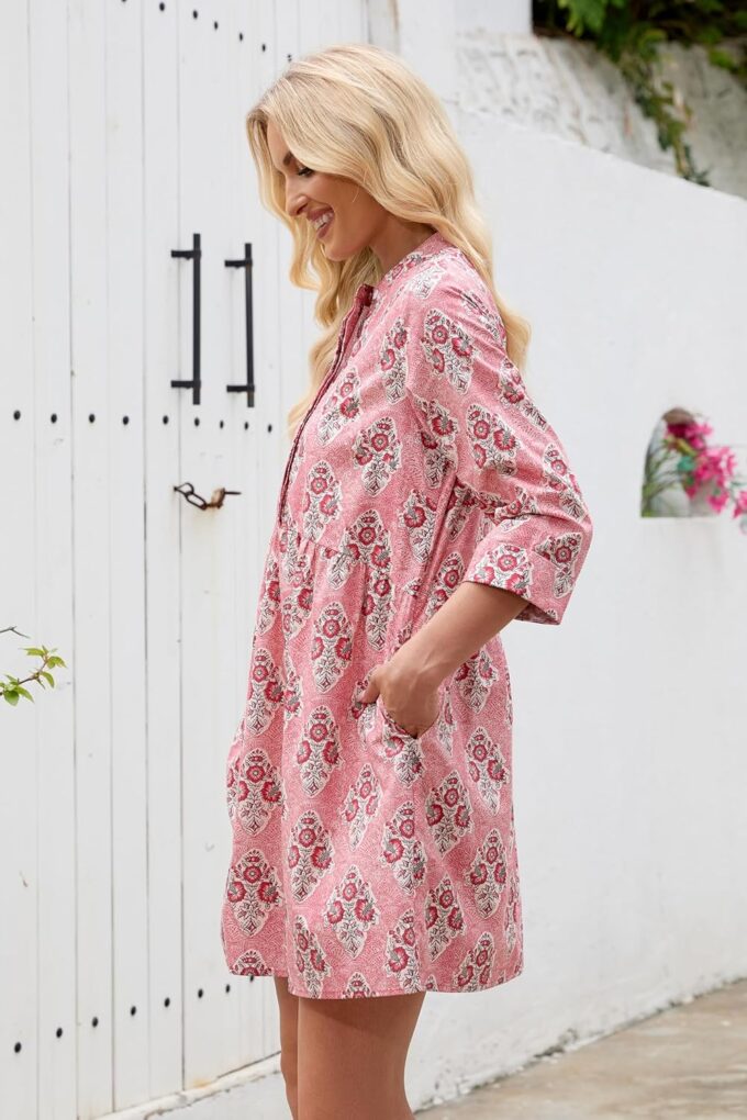 Floral Dress for Women 3/4 Sleeve Button Up Shift Boho Mini Tunic Cotton Shirt Dresses with Pockets – Bild 5