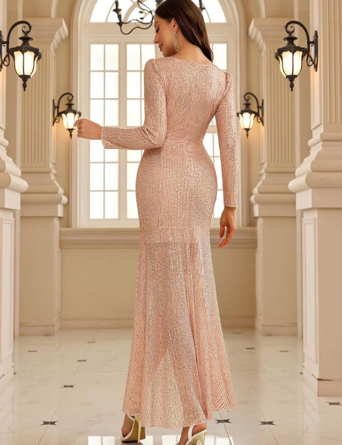 Women's Long Sequin Formal Dresses Long-Sleeve Cocktail Wedding Guest Dresses Elegant V Neck Party Gowns – Bild 2