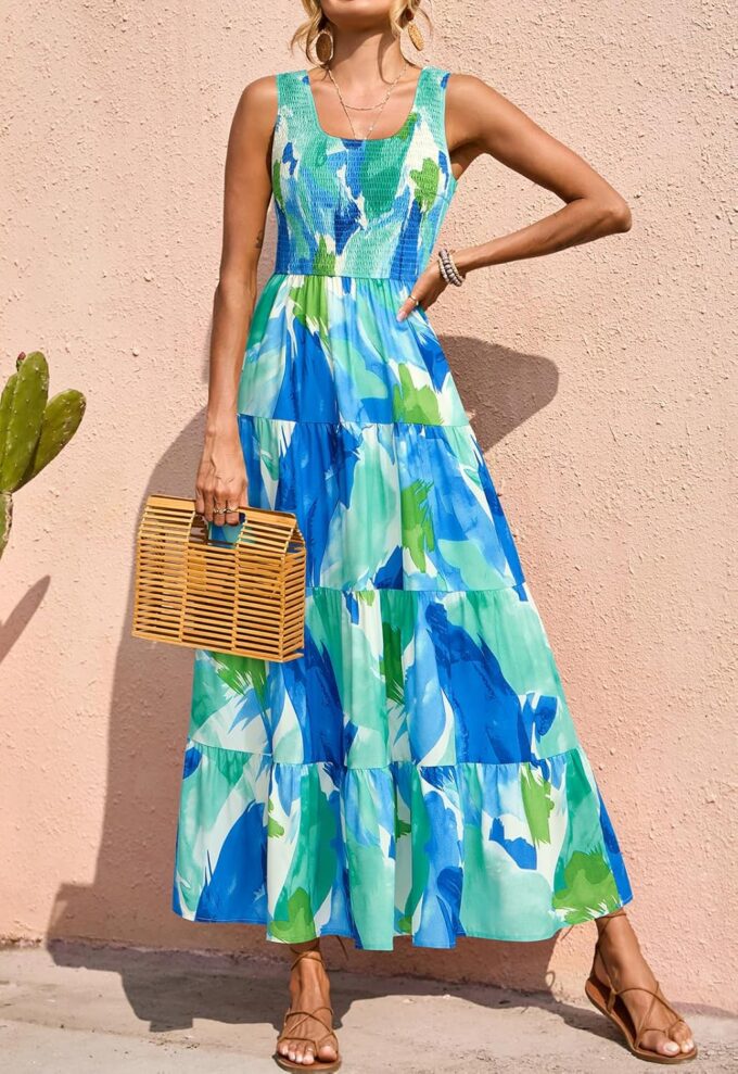 PRETTYGARDEN Smocked Tank Floral Maxi Dresses for Women 2025 Wedding Guest Dress Sleeveless Flowy Long Sundress with Pockets – Bild 2