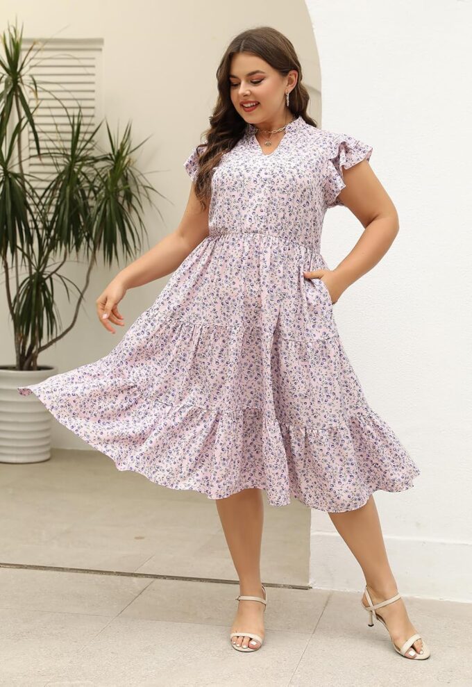 Keluummi Plus Size Wedding Guest Midi Dresses for Curvy Women, Summer Casual Floral Short Sleeve A Line Sundress with Pockets – Bild 2