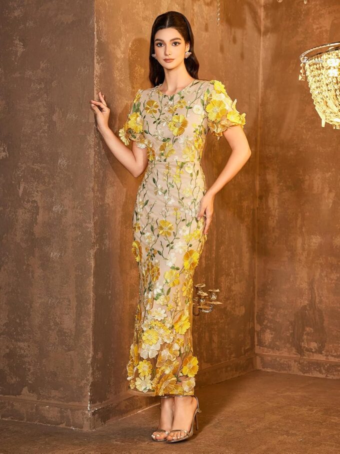 Women's 3D Floral Embroidery Dress Ruffle Sleeve Fishtail Lace Bodycon Party Cocktail Mini Dress – Bild 6