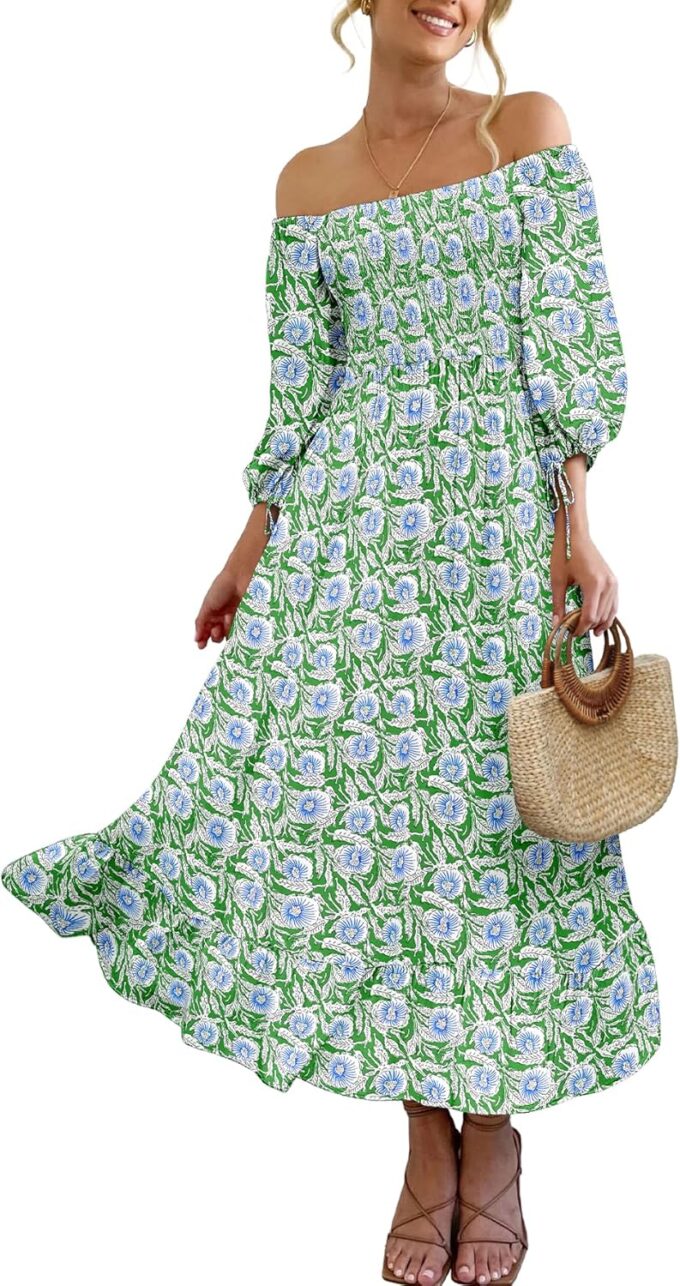 Women Boho Maxi Dresses Summer 2025 Puff Sleeve Square Neck Smocked Aline Casual Ruffle Tiered Flowy Beach Long Dress Pocket – Bild 2