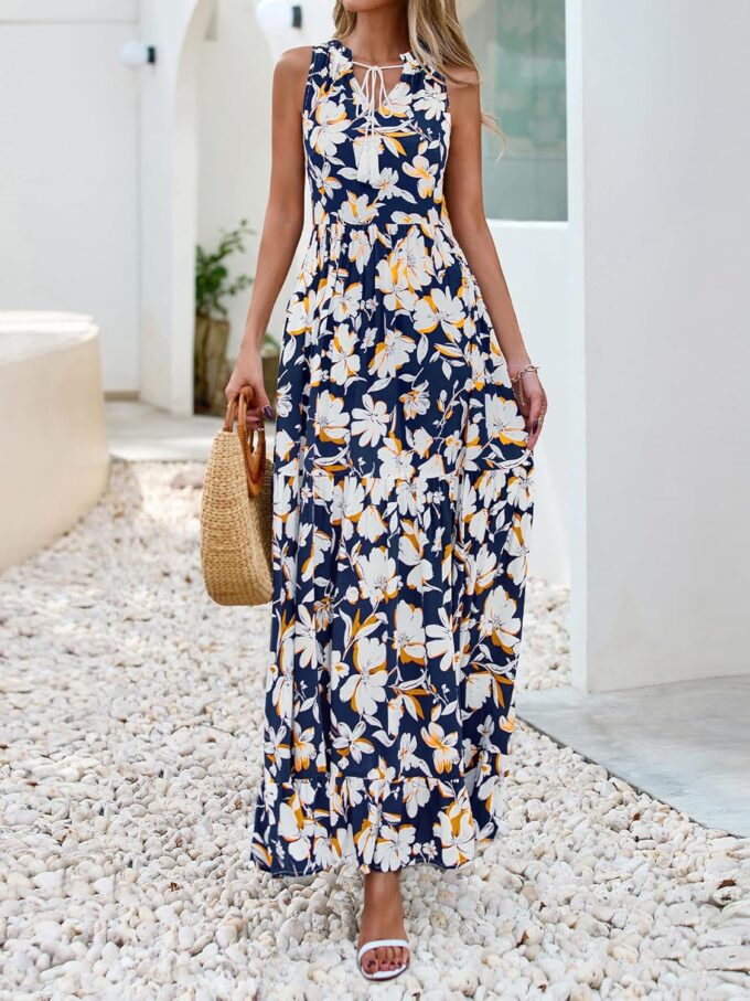 BTFBM Womens Summer Maxi Dresses 2025 Casual Sleeveless V Neck Loose Fit Floral Boho Dress Beach Long Sundress – Bild 8