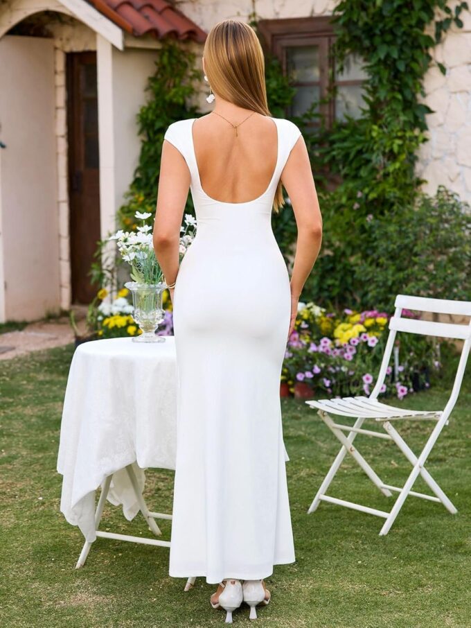 KUTUMAI Women Ruched Bodycon Maxi Dress Elegant Cutout Cap Sleeve Long Formal Cocktail Party Wedding Guest Dresses – Bild 3