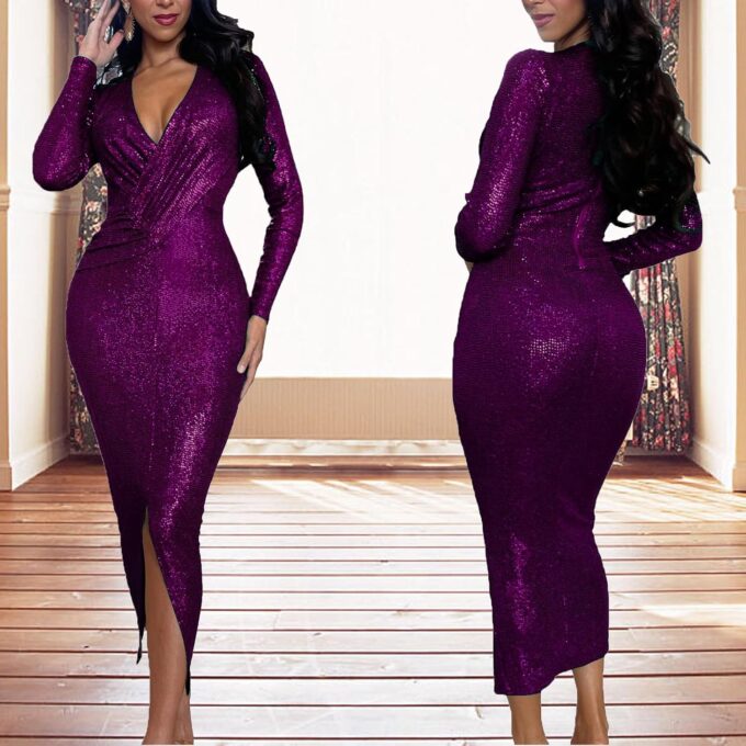 Women's Elegant Long Sleeve Sparkly Sequin Bodycon Midi Dresses Sexy Deep V Neck Ruched Cocktail Party Wrap Dress – Bild 6