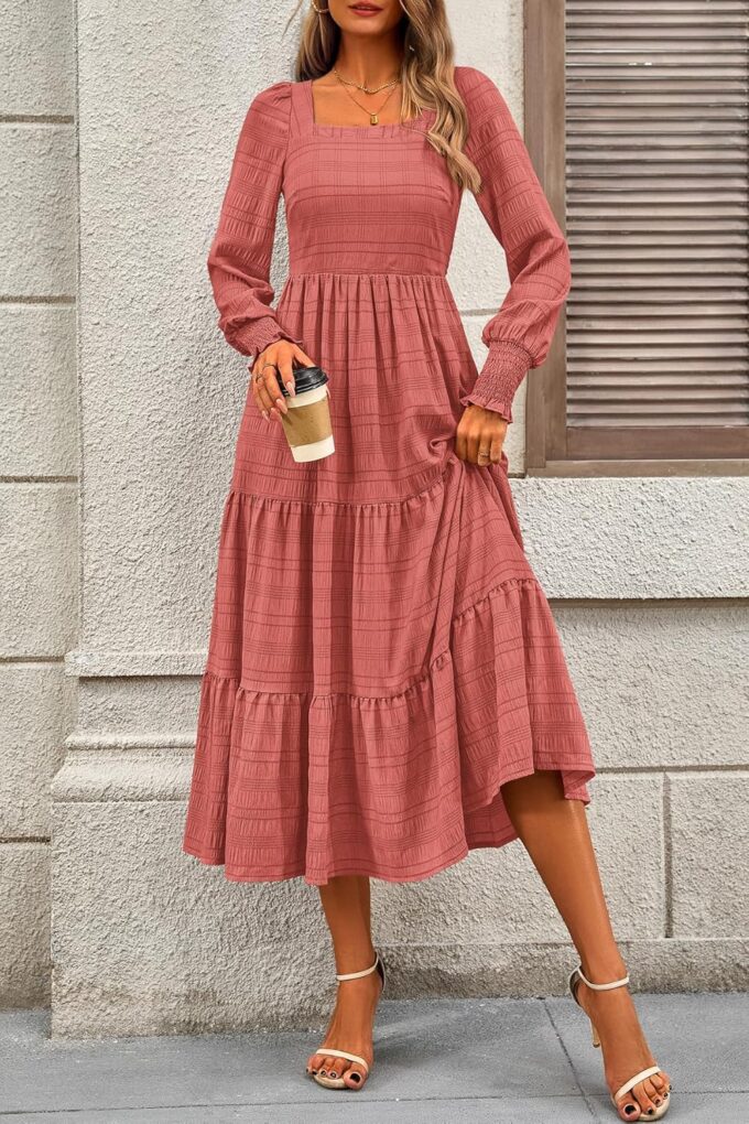 CFLONGE Women's Fall Dresses 2025 Puff Long Sleeve Square Neck Dress High Waist Smocked A-Line Flowy Wedding Party Maxi Dress – Bild 7