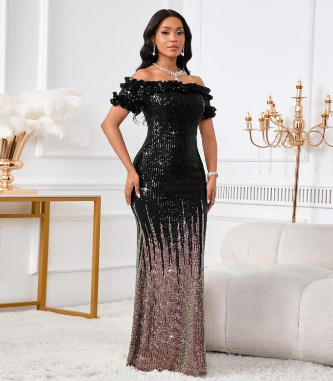 Women Sexy Sequin Off Shoulder Ruffle Short Sleeve Bodycon Mermaid Party Formal Evening Maxi Dress – Bild 3