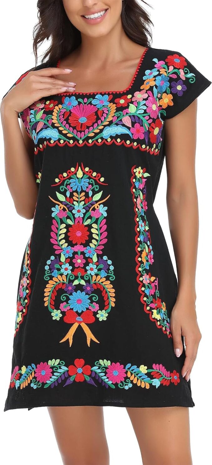 YZXDORWJ Women Mexican Embroidered Dress Ruffle Collar Sleeveless – Bild 4