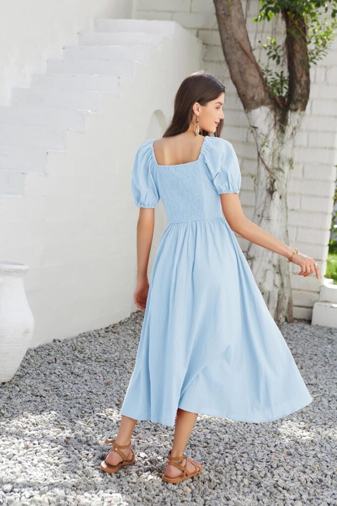 GRACE KARIN 2024 Women's Summer V Neck Smocked Cotton Dresses Short Puff Sleeve Flowy A Line Maxi Dress with Pockets – Bild 5