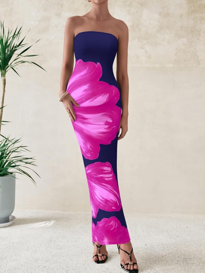 PRETTYGARDEN Women Summer Strapless Maxi Dress Bodycon Floral Sexy Long Wedding Guest Dress Formal Tube Mesh Cocktail Dresses – Bild 5