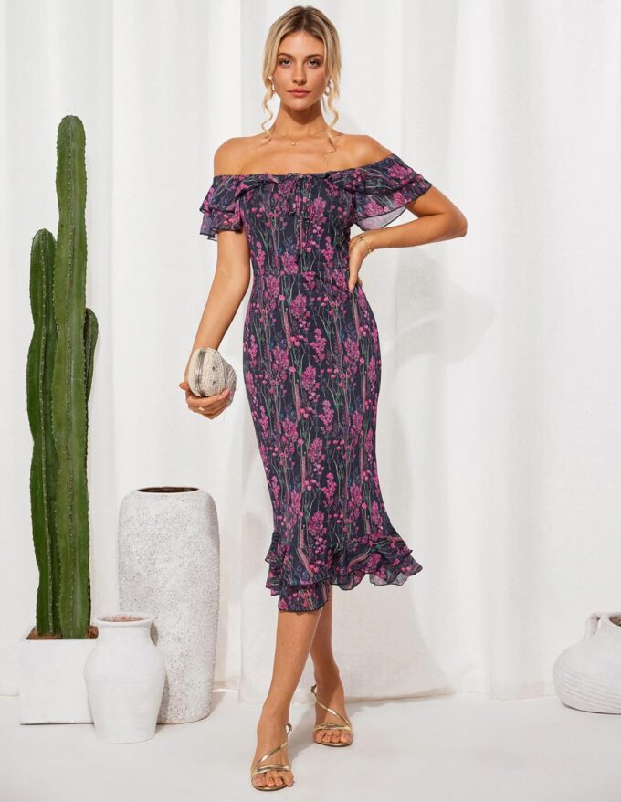 GRACE KARIN Women's Summer Floral Midi Dress Wedding Guest Party Dress Mermaid Bodycon Mesh Ruffle Dress – Bild 3