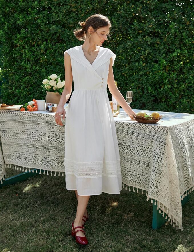 Women's White Cotton Boho Embroidered Eyelet Midi Dress, Sailor Collar Sleeveless Summer Casual Beach Vacation Dress – Bild 6