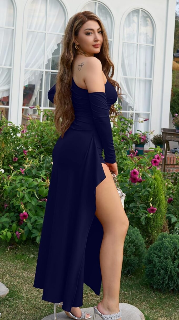 Memoriesea Women's One Shoulder Long Sleeve Sexy High Slit Wedding Guest Party Maxi Dress – Bild 4