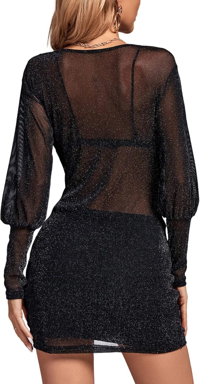 Rooscier Women's Sheer Mesh Glitter Wrap V Neck Long Sleeve Ruched Drawstring Bodycon Mini Dress – Bild 2