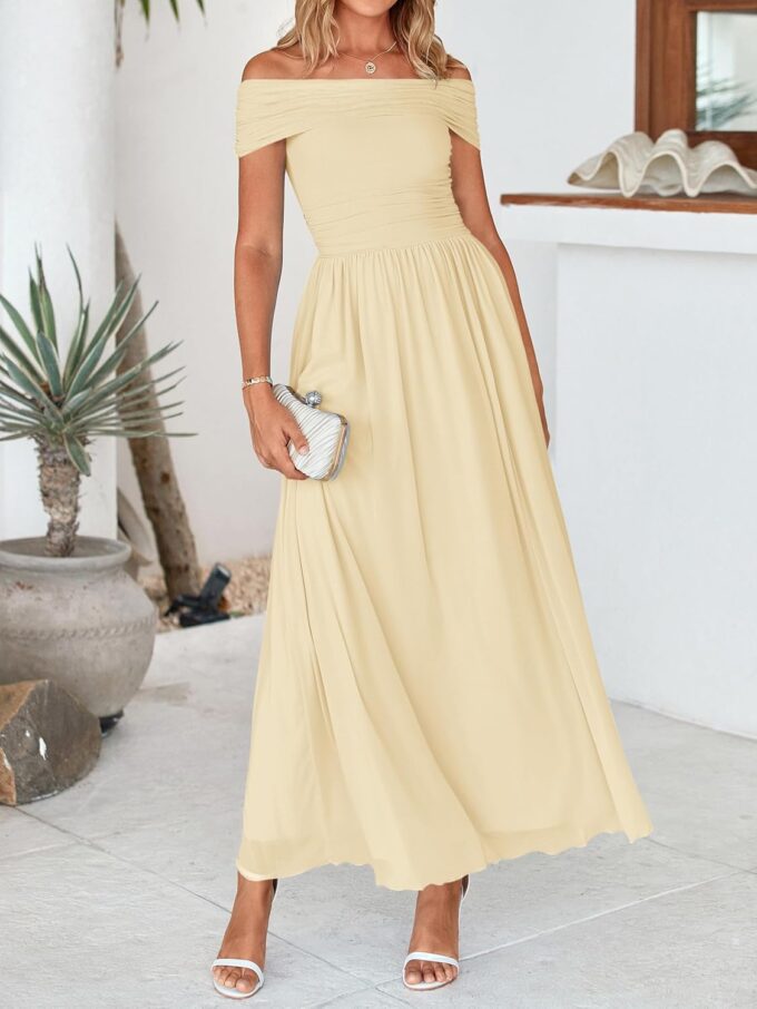 MASCOMODA Women Off The Shoulder Mesh Maxi Dress Bodycon Ruched Formal Sleeveless Pleated Cocktail Wedding Guest Long Dresses(Light Apricot,Medium) – Bild 6