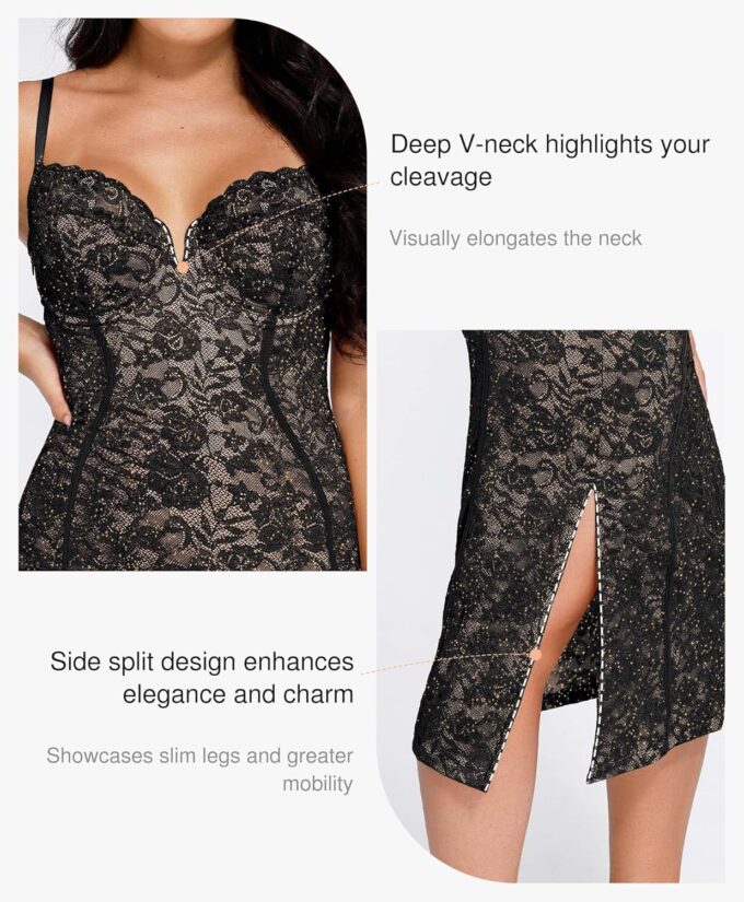 Popilush Lace Cocktail Dresses for Women - Formal Party Corset Shapewear Dress Deep V Neck Midi Dress with Side Slit – Bild 4