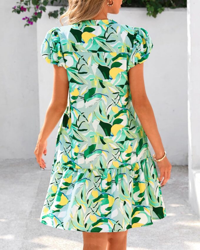 dowerme Womens Summer Dresses 2025 Puffy Sleeve V Neck Loose Floral Print A Line Boho Mini Babydoll Dress with Pockets – Bild 5