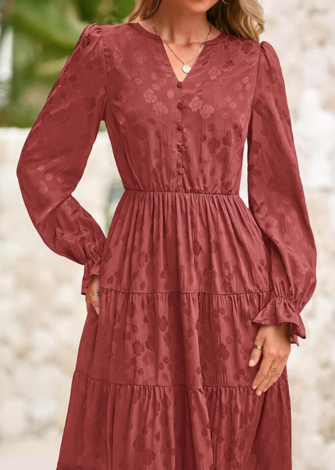 KIRUNDO Dresses for Women 2025 Elegant Classy Fall Wedding Guest Maxi Long Sleeve Empire Waist Ruffle Tiered Flowy Long Dress – Bild 8