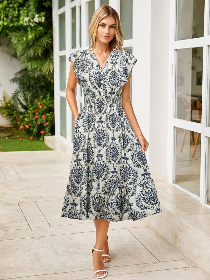BerryGo Womens Summer Floral Maxi Dress Casual Boho V Neck Ruffle Short Sleeve Beach Long Dresses with Pockets – Bild 2