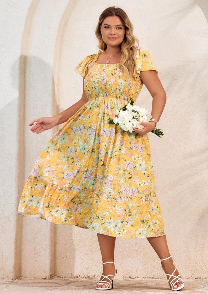 Hanna Nikole Women's Plus Size Summer Maxi Dress Short Sleeve Smocked Square Neck Casual Floral Flowy Dresses with Pockets – Bild 5