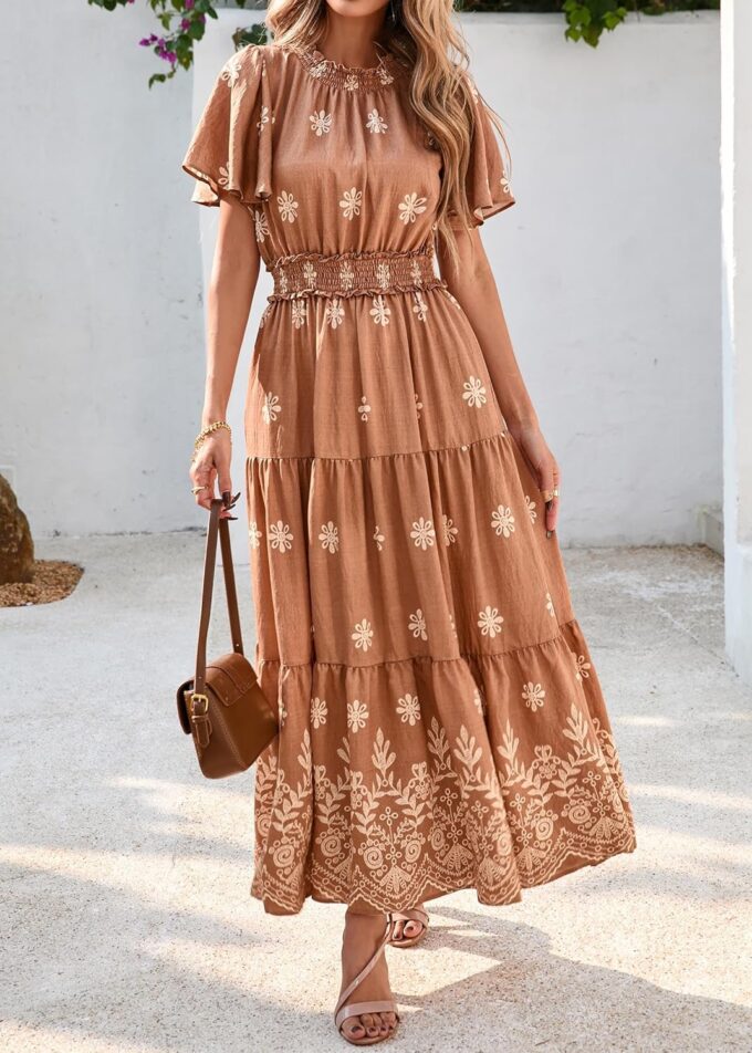 KIRUNDO Maxi Dresses for Women 2025 Floral Short Sleeve Spring Summer Smocked Waist Round Neck Flowy Beach Vacation Dress – Bild 4