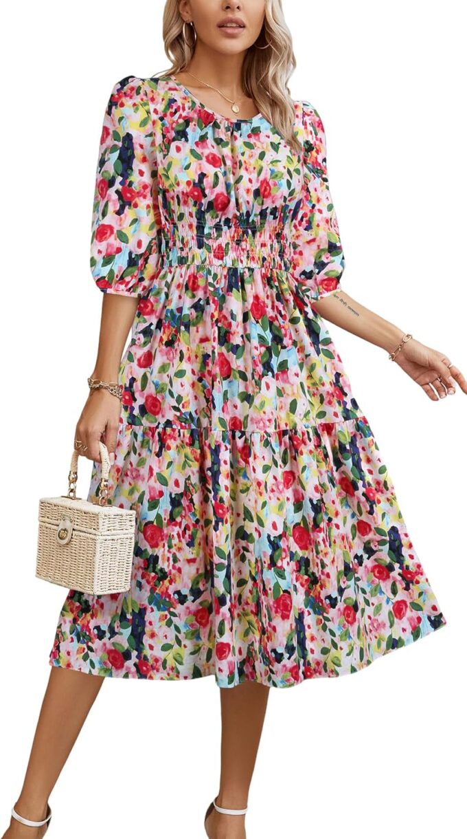 Kormei Women Casual Boho Floral Round Neck 3/4 Sleeve Smocked Waist Tiered A Line Flowy Swing Midi Dress Long Dresses