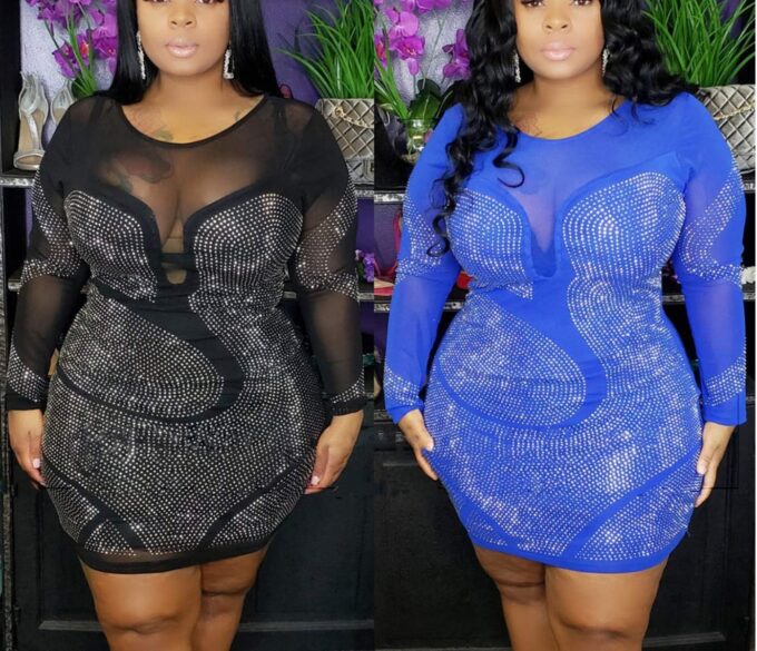 Womens Sexy Plus Size Long Sleeve Rhinestone Mesh See Through Bodycon Party Club Mini Dress Clubwear – Bild 6