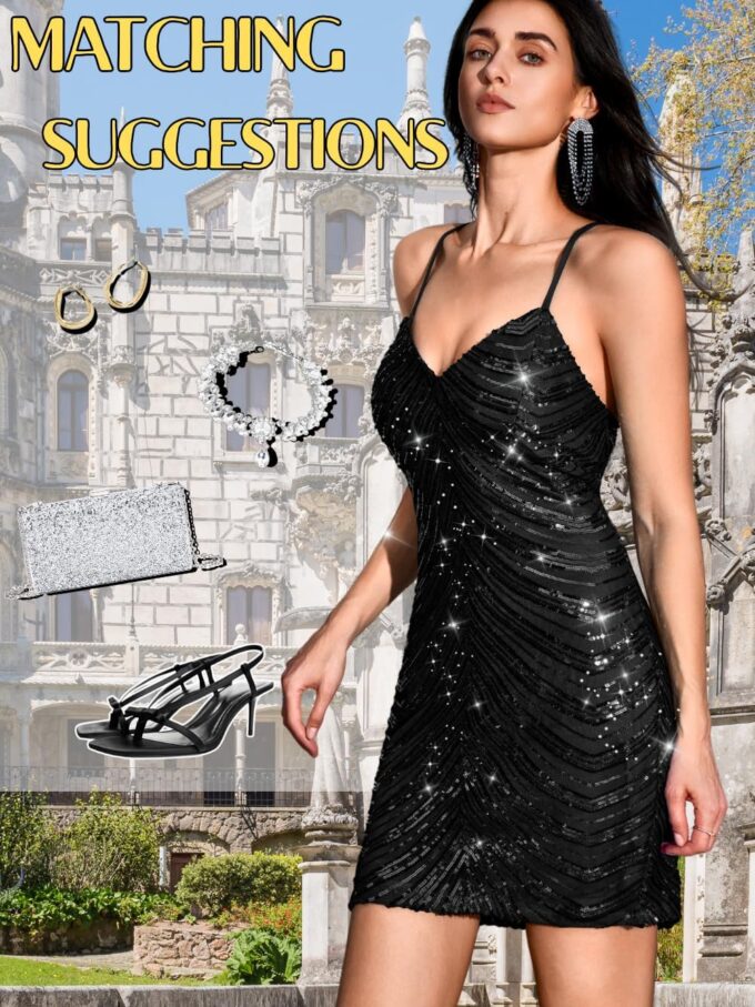 Kaei&Shi Sequin Mini Dress,V Neck Spaghetti Strap Sparkly Prom Dresses for Women,Sexy Birthday Outfit HOCO Cocktail Nye Party – Bild 7