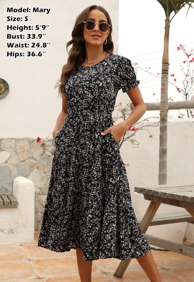 NAVINS Women Floral Print Puff Sleeve Tiered A-Line Swing Midi Dress with Pockets NA1002 – Bild 3