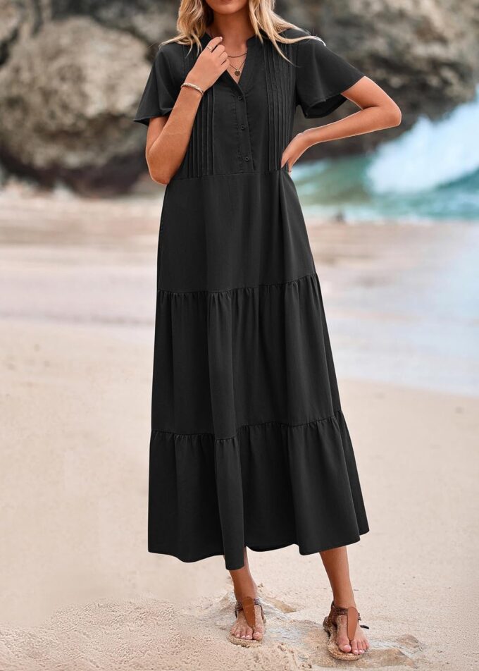 KIRUNDO Summer Maxi Dresses for Women 2025 Spring Fashion Short Sleeve Button V Neck Pleated Loose Tiered Swing Flowy Dress – Bild 4