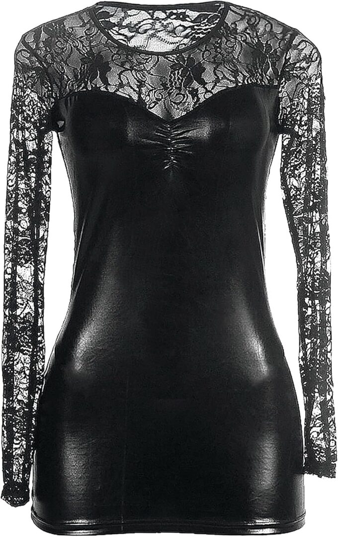 The Faux Leather Dresses for Women Lace Mock Neck Dress Night Club Outfits for Women Sexy Long Sleeve Nightgown – Bild 5