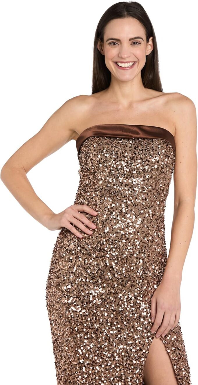 Long Strapless Satin Bandeau Sequin Gown W/High Slit – Bild 2