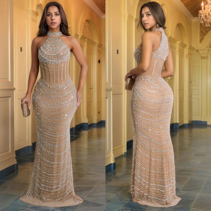 PORRCEY Women Sexy Elegant Rhinestone Mesh See Through Evening Dresses Party Club Night Clubwear – Bild 3