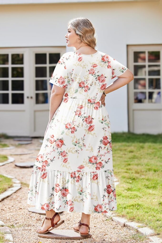 IN'VOLAND Women Plus Size Short Sleeve Dress Loose Plain Casual Summer Flowy Tiered Long Maxi Dresses with Pockets – Bild 4