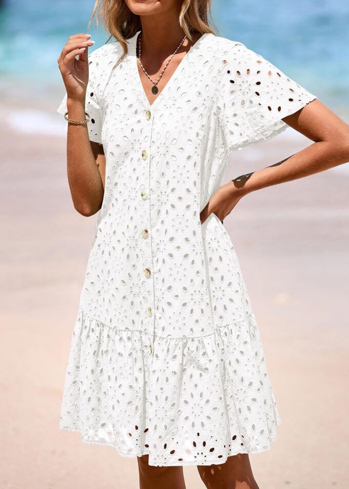 KIRUNDO Summer Dresses for Women 2025 Eyelet Button Down V Neck Short Sleeve Hollow Out A Line Loose Mini Babydoll Dress – Bild 8
