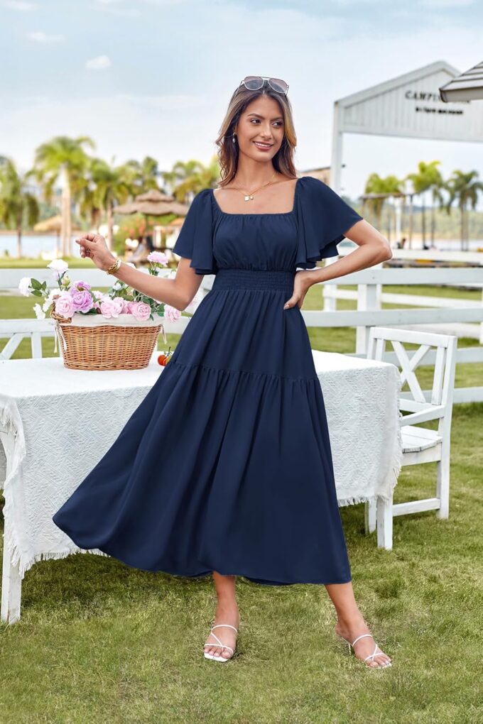 GRACE KARIN Women's Summer Short Sleeve Square Neck Smocked Waist Casual Vacation Tiered Flowy Maxi Dress – Bild 2
